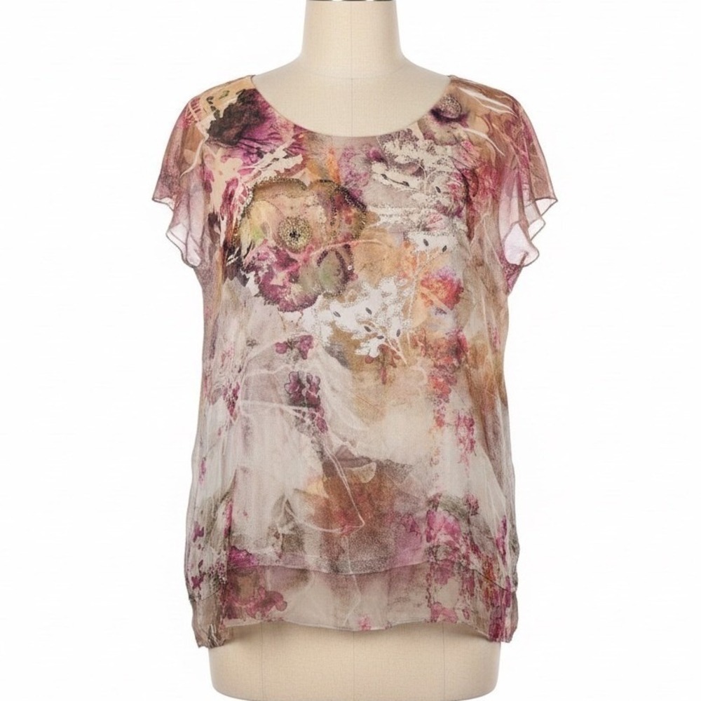 ROZ & ALI Floral Chiffon Blouse XL Fairycore Whimsigoth Boho Romantic Flutter